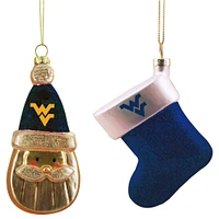 Ensemble de deux ornements en verre soufflé Père Noël et chaussettes West Virginia Mountaineers