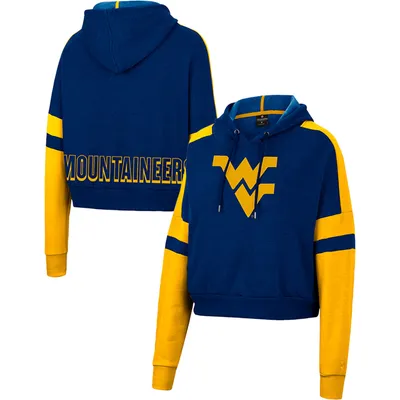 West Virginia Mountaineers Colosseum Women's Throwback Stripe Arch Logo Cropped Pullover Hoodie - Heather Navy