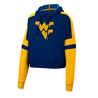 Women's Colosseum Heather Navy West Virginia Mountaineers Throwback Stripe Arch Logo Cropped Pullover Hoodie