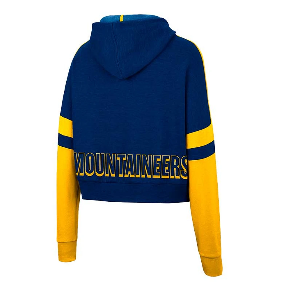 Women's Colosseum Heather Navy West Virginia Mountaineers Throwback Stripe Arch Logo Cropped Pullover Hoodie