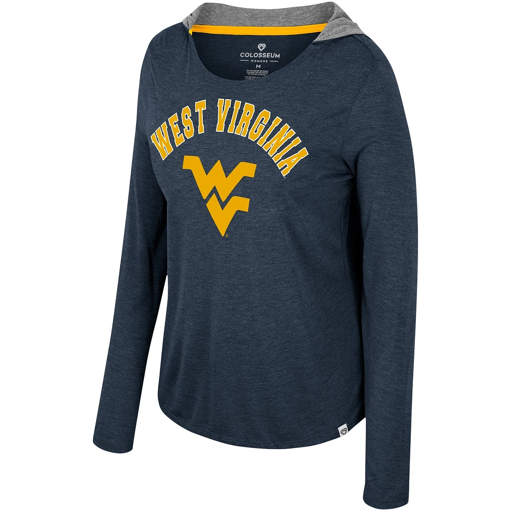 T-shirt à capuche manches longues pour femmes Colosseum Navy West Virginia Mountaineers en détresse Heather