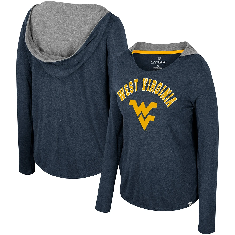 T-shirt à capuche manches longues pour femmes Colosseum Navy West Virginia Mountaineers en détresse Heather