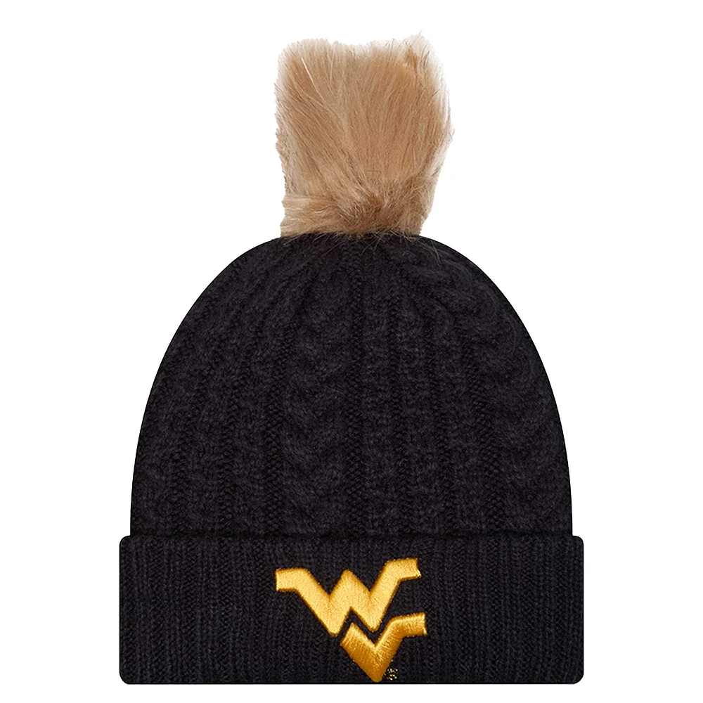 Bonnet en tricot à revers de luxe avec pompon pour femme New Era bleu marine West Virginia Mountaineers