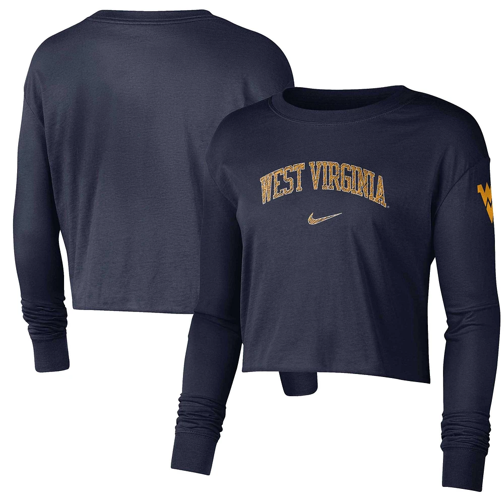 T-shirt court à manches longues avec logo Nike West Virginia Mountaineers 2-Hit pour femme, bleu marine