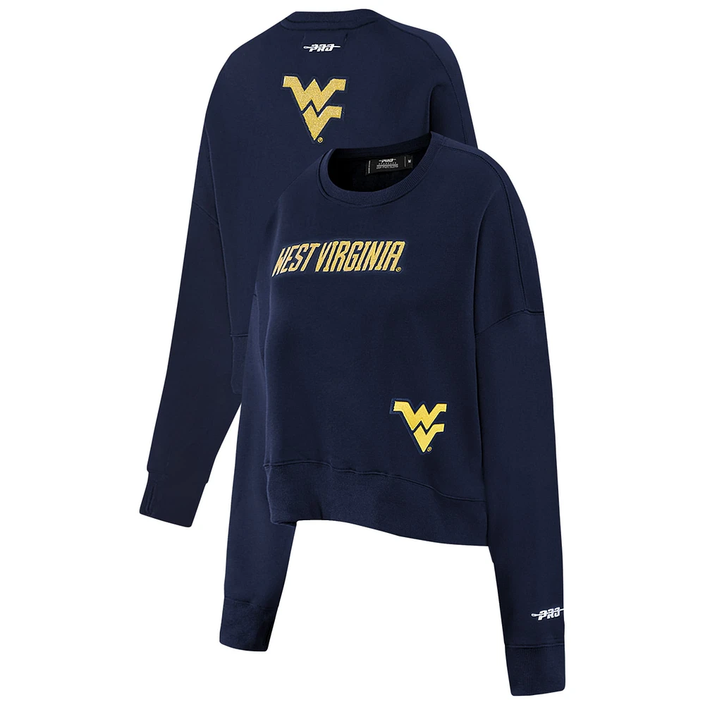 Women's Pro Standard Navy West Virginia Mountaineers Sequin Boxy Cropped Pullover Sweatshirt