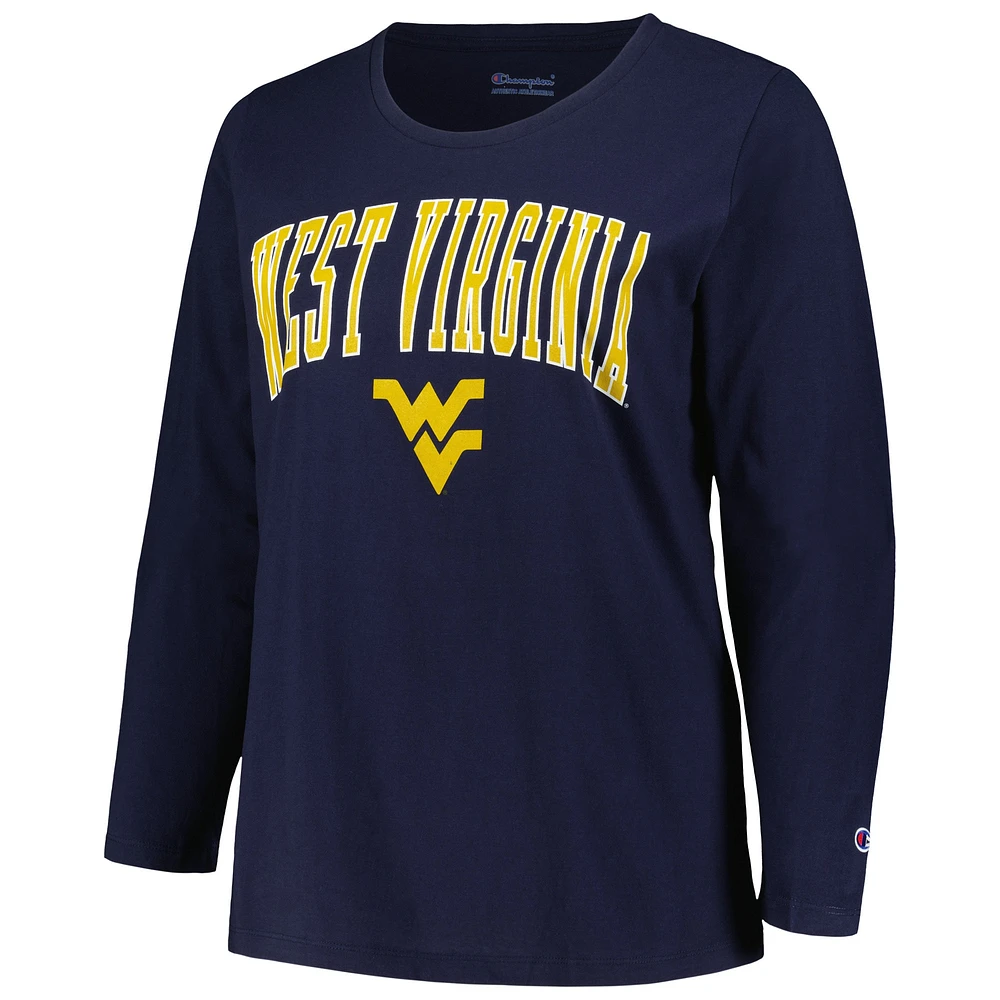 T-shirt à manches longues et col rond pour femme Profile Navy West Virginia Mountaineers, grande taille, avec logo arqué