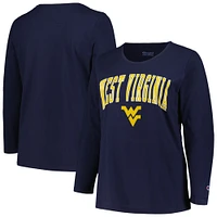 T-shirt à manches longues et col rond pour femme Profile Navy West Virginia Mountaineers, grande taille, avec logo arqué