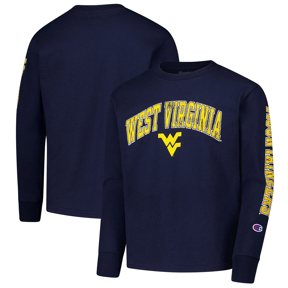 Youth Champion Navy West Virginia Mountaineers Distressed Arch Over Logo Long Sleeve T-Shirt