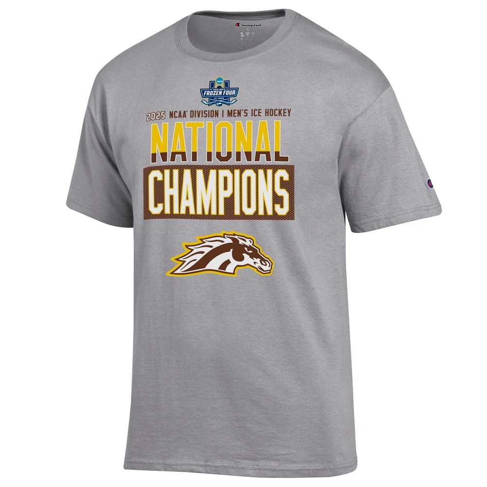 Unisex Champion Gray Western Michigan Broncos 2025 NCAA Frozen Four Men's Ice Hockey National Champions Locker Room T-Shirt