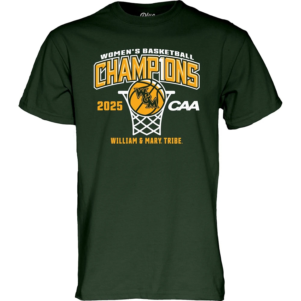 T-shirt unisexe bleu 84 vert William & Mary Tribe 2025, champion du tournoi de basketball féminin la CAA