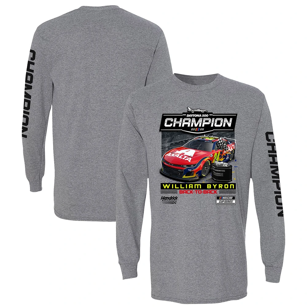 Men's Checkered Flag Sports Heather Gray William Byron 2025 Daytona 500 Champion Winner Long Sleeve T-Shirt