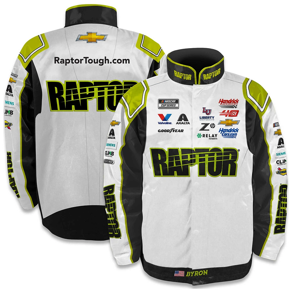 Veste d'uniforme en nylon blanc à bouton-pression pour homme Hendrick Motorsports Team Collection William Byron Raptor