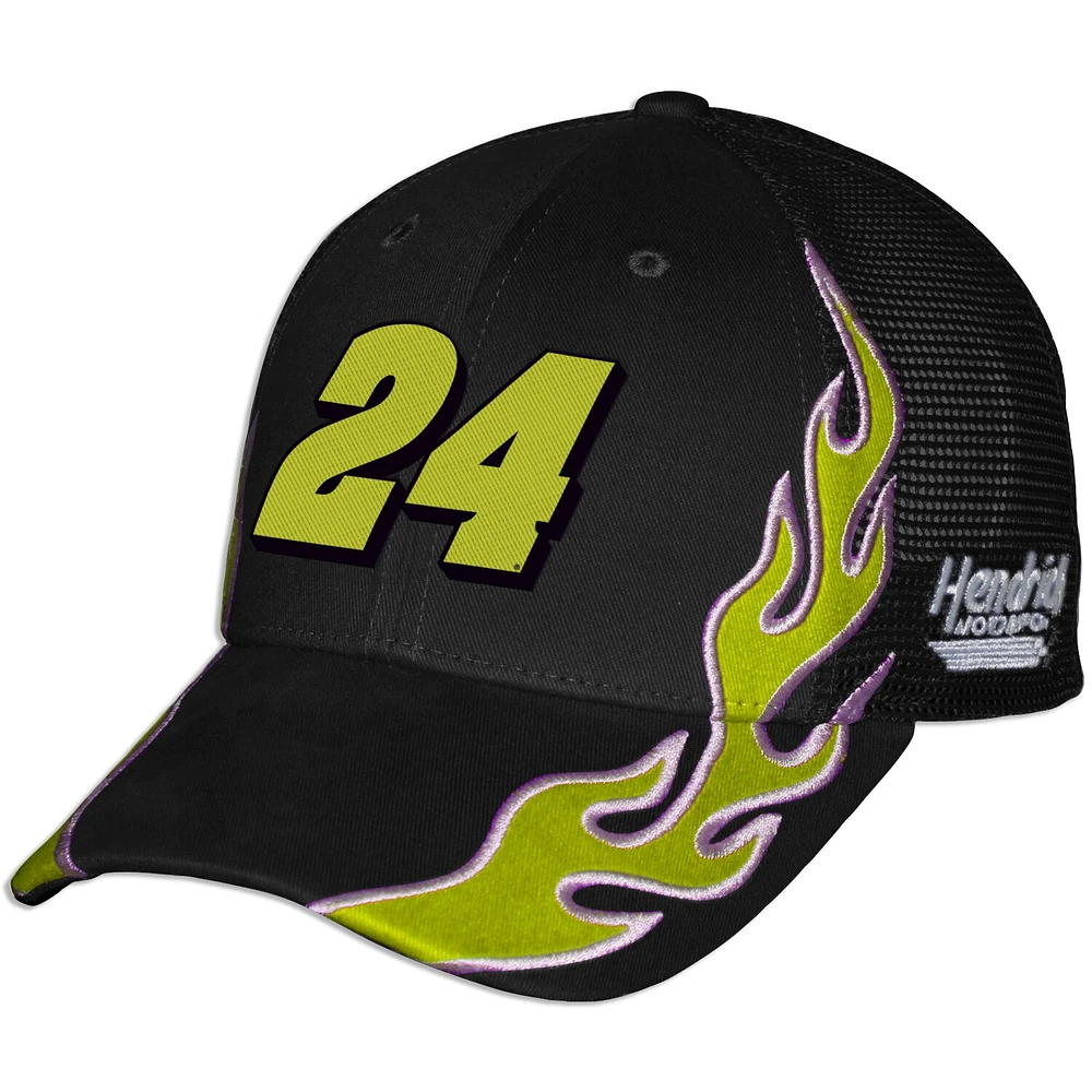 Casquette de camionneur unisexe à damier et drapeau de sport noire William Byron Raptor Flame ajustable