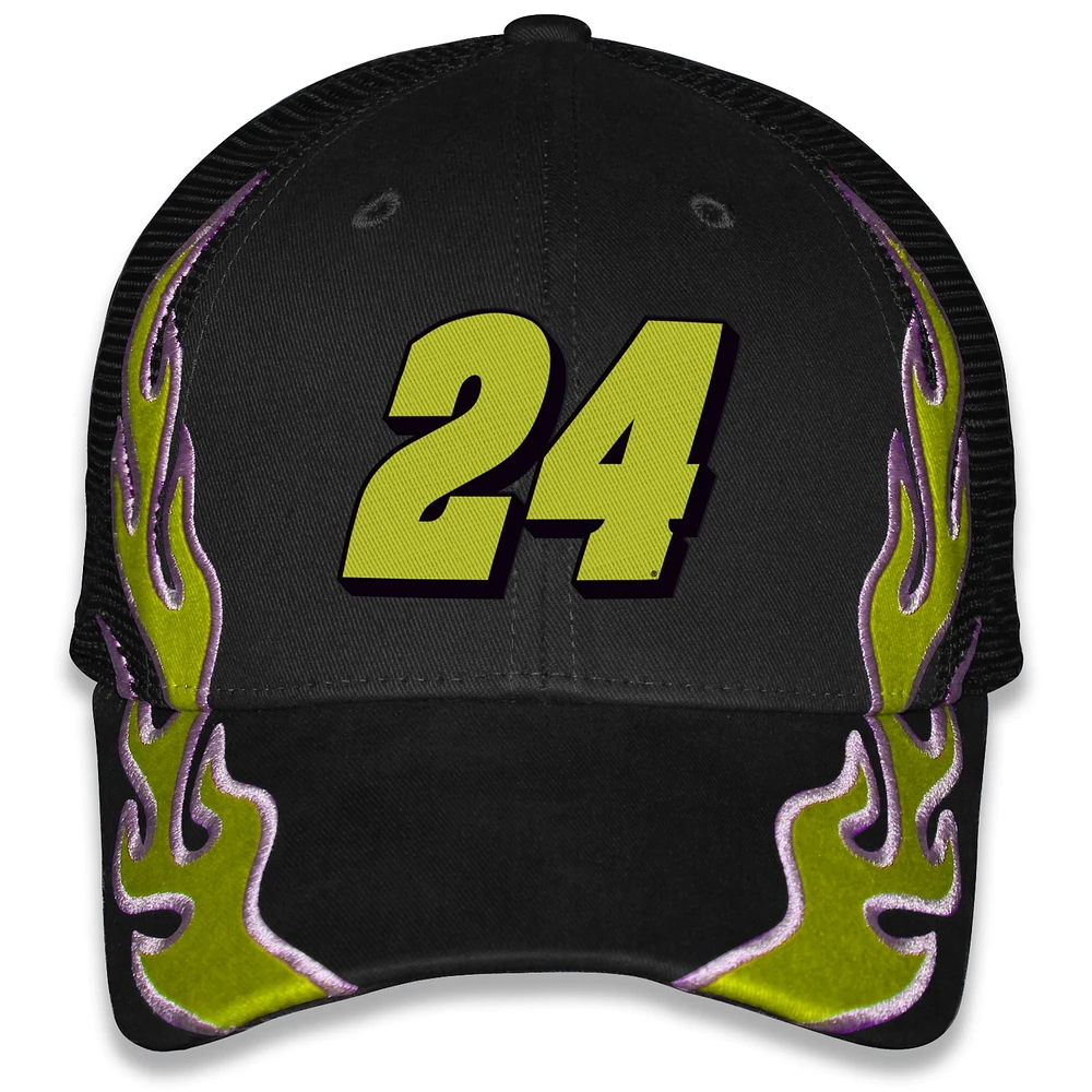 Casquette de camionneur unisexe à damier et drapeau de sport noire William Byron Raptor Flame ajustable