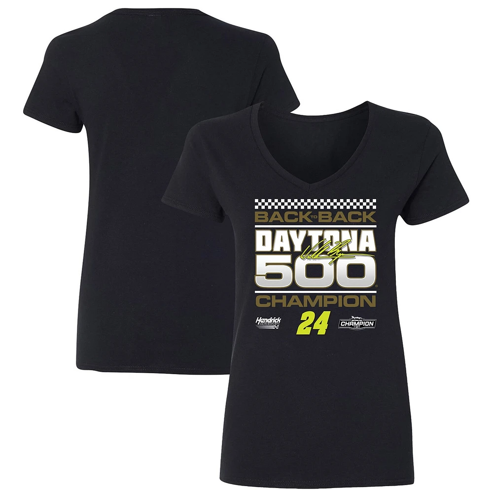 T-shirt à col en V exclusif pour femme avec drapeau damier et logo noir TBD 2025 Daytona 500