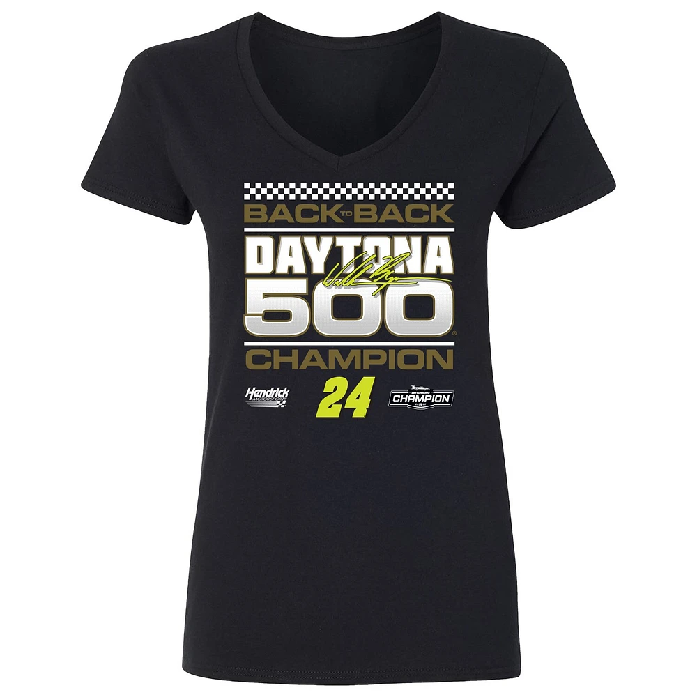 T-shirt à col en V exclusif pour femme avec drapeau damier et logo noir TBD 2025 Daytona 500