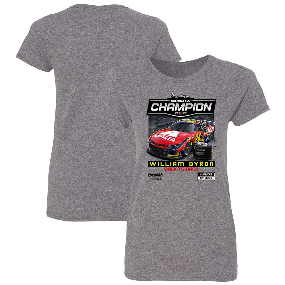 T-shirt à damier pour femme William Byron Champion du Daytona 500 2025 gris chiné