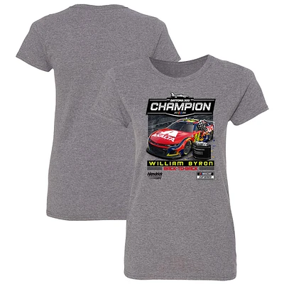 T-shirt à damier pour femme William Byron Champion du Daytona 500 2025 gris chiné