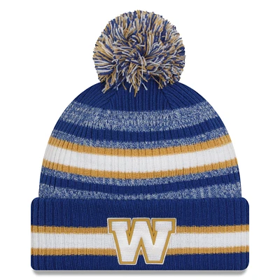 Men's New Era Royal Winnipeg Blue Bombers Sideline 6 Dart Cuffed Knit Hat with Pom