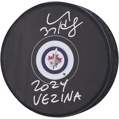 Connor Hellebuyck Winnipeg Jets Autographed Hockey Puck with "2024 Vezina" Inscription