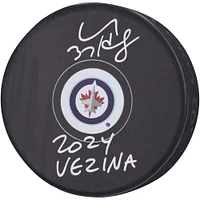 Connor Hellebuyck Winnipeg Jets Autographed Hockey Puck with "2024 Vezina" Inscription