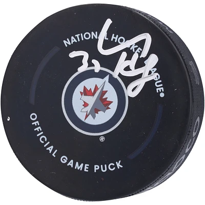 V106832 WinJet Connor Hellebuyck Winnipeg Jets Rondelle de jeu officielle autographiée 37 Connor Hellebuyck AUT HOCKEY PUCK 45610 AUTEQPPUC PUCKHE0067 #1
