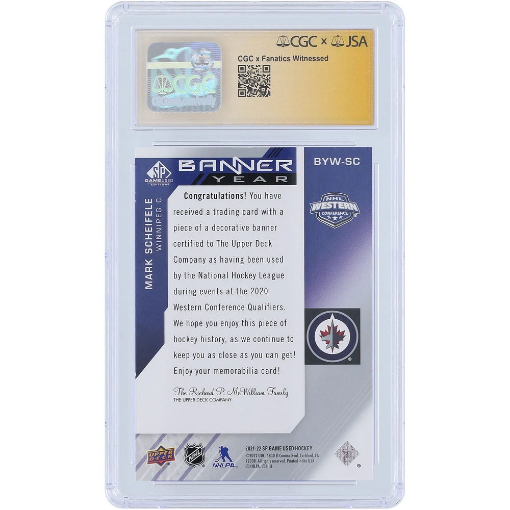 Mark Scheifele Winnipeg Jets Autographed 2021-22 Upper Deck SP Game Used Banner Year Western Conference 2 Color Relic #BYW-SC CGC Fanatics Witnessed Authenticated 9/10 Card
