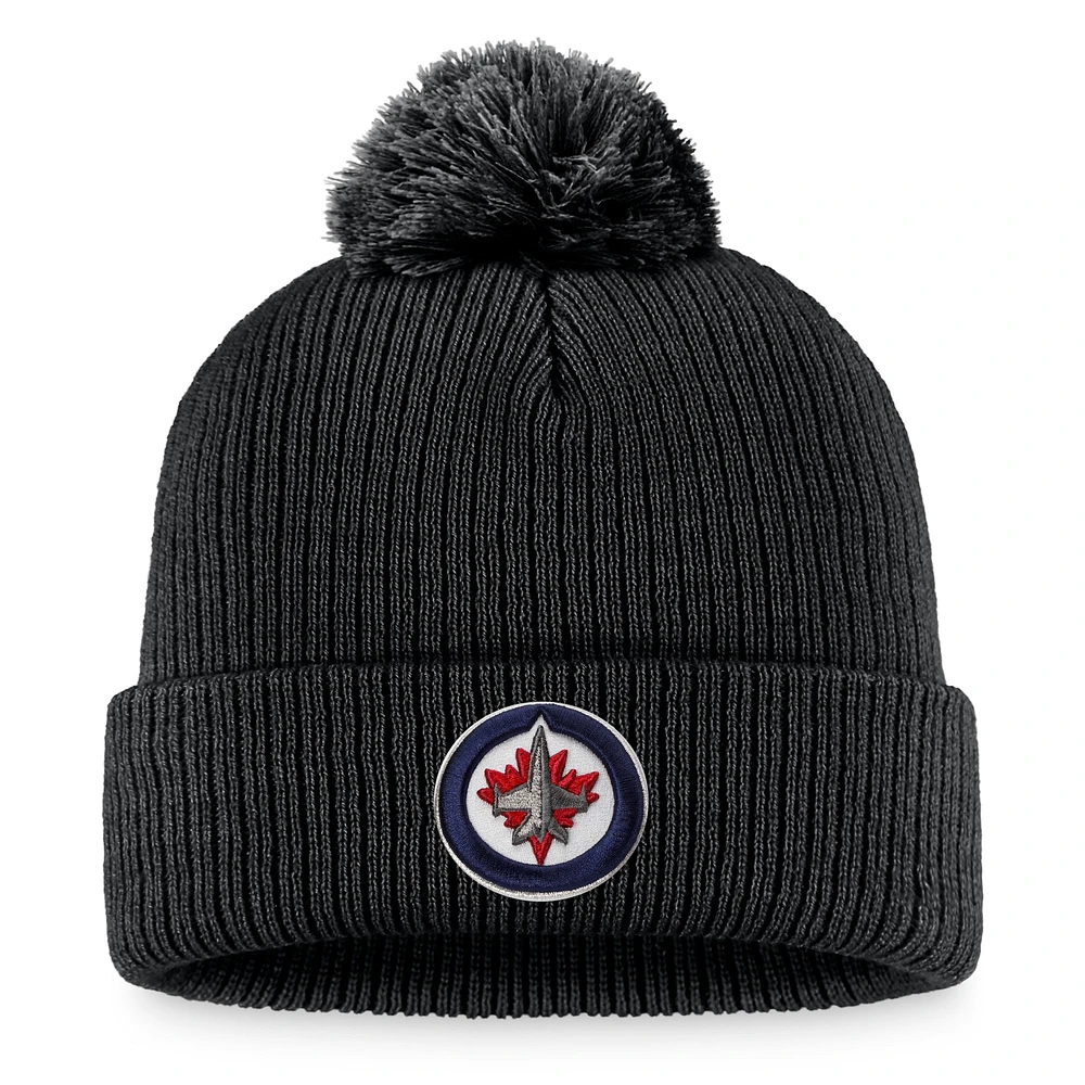 Bonnet en tricot à revers avec logo principal noir des Jets de Winnipeg de marque Fanatics pour hommes avec pompon