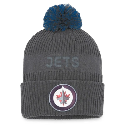 Bonnet en tricot à revers de glace Authentic Pro Home Fanatics Charcoal Winnipeg Jets pour hommes avec pompon