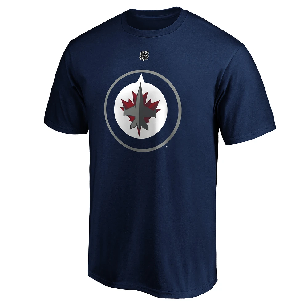 T-shirt Fanatics pour hommes Connor Hellebuyck bleu marine avec logo authentique des Jets de Winnipeg et nom numéro Stack