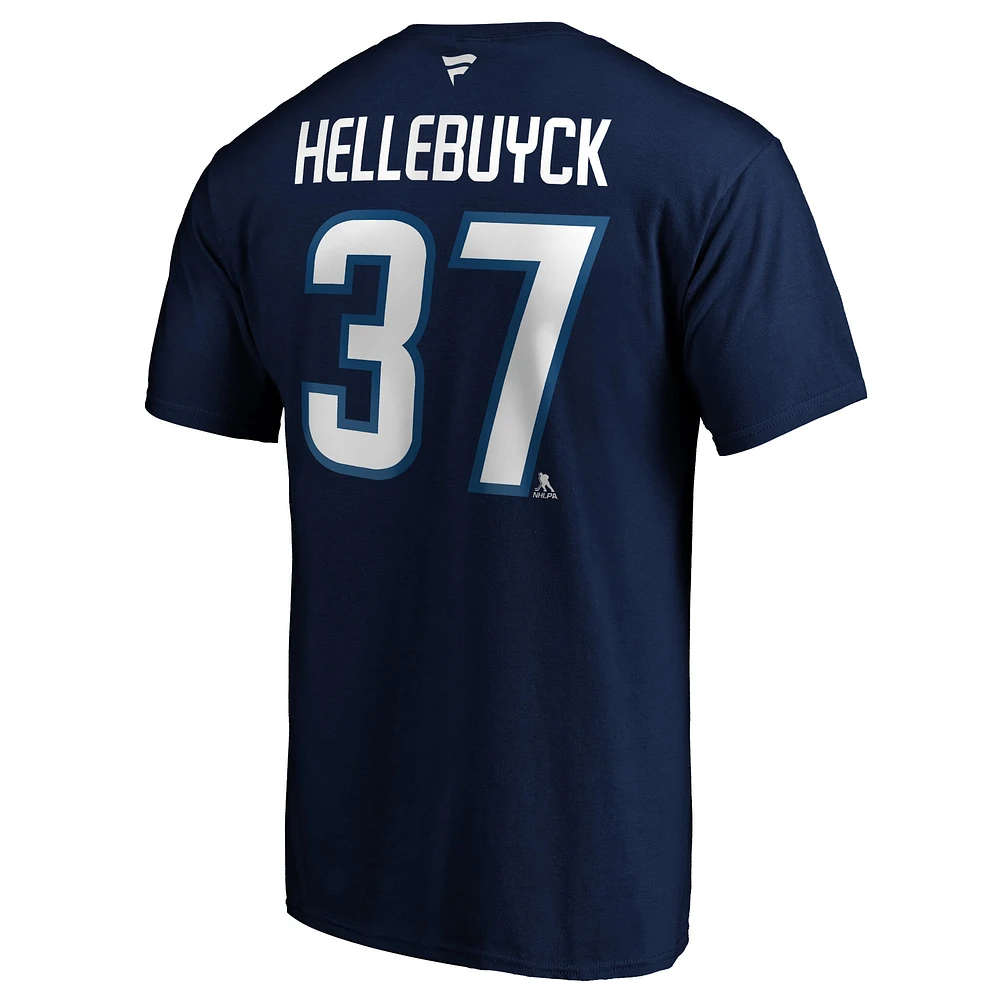 T-shirt Fanatics pour hommes Connor Hellebuyck bleu marine avec logo authentique des Jets de Winnipeg et nom numéro Stack