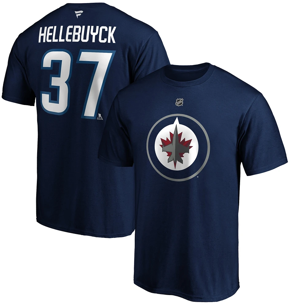 T-shirt Fanatics pour hommes Connor Hellebuyck bleu marine avec logo authentique des Jets de Winnipeg et nom numéro Stack