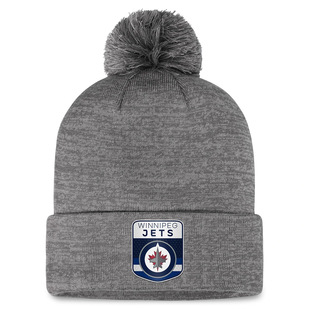 Bonnet en tricot à revers de glace Authentic Pro Home Fanatics gris des Jets de Winnipeg pour hommes avec pompon