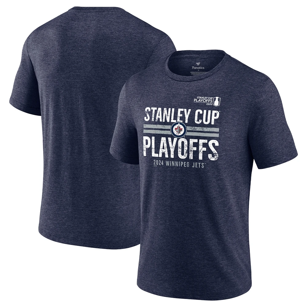 T-shirt tri-mélange Crease Fanatics Heather Navy des Jets de Winnipeg séries éliminatoires la Coupe Stanley 2024 pour hommes