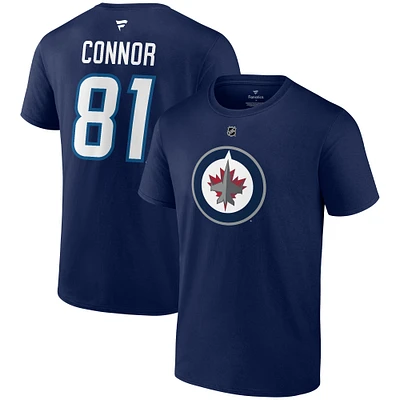 T-shirt Fanatics Kyle Connor bleu marine avec logo authentique des Jets de Winnipeg et nom numéro Stack