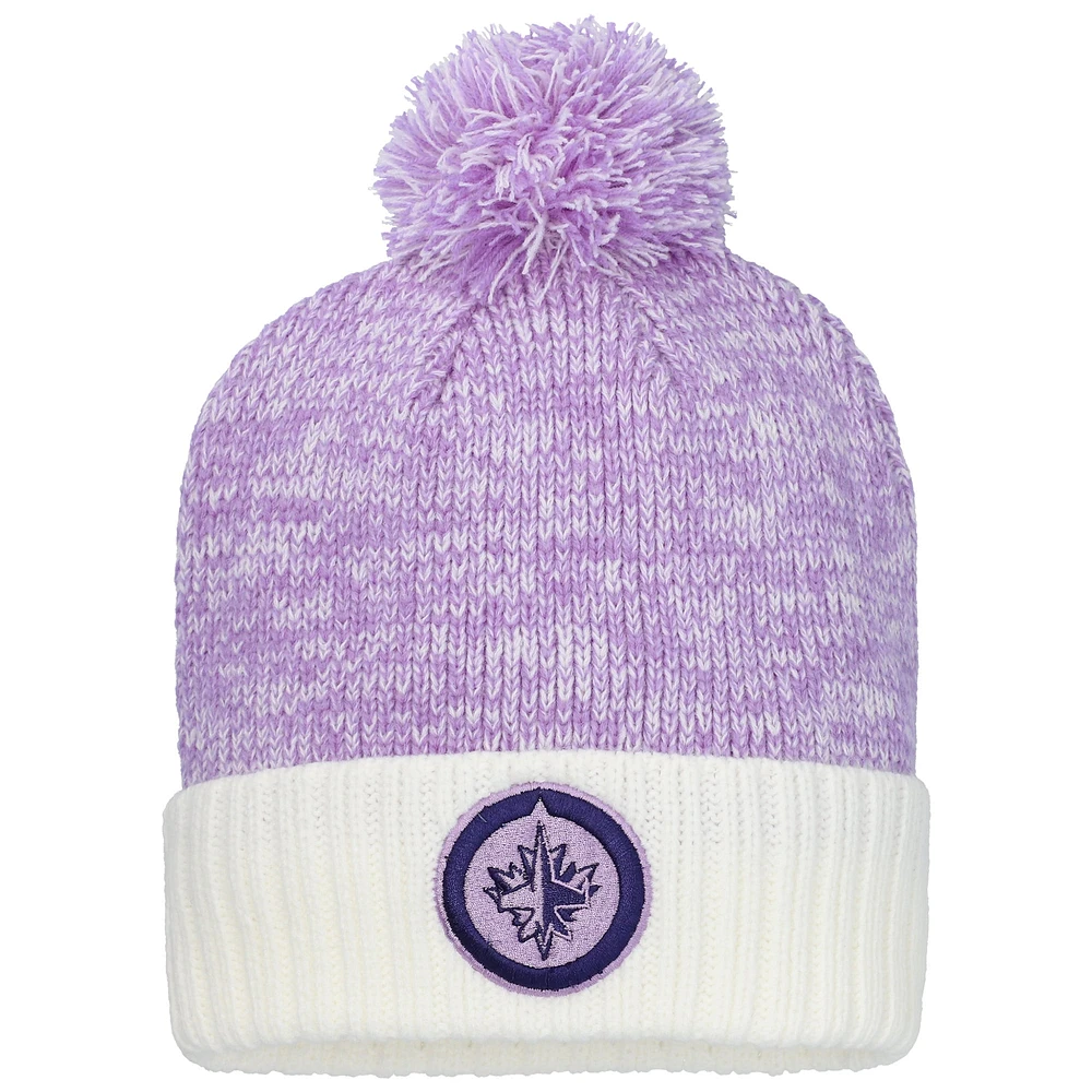 Bonnet en tricot à revers et pompon Fanatics pour homme, lavande/blanc, « Hockey Fights Cancer » des Jets de Winnipeg