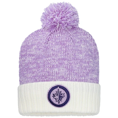 Bonnet en tricot à revers et pompon Fanatics pour homme, lavande/blanc, « Hockey Fights Cancer » des Jets de Winnipeg