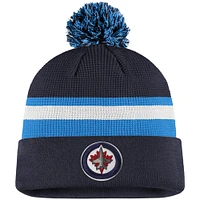 Bonnet en tricot à revers avec pompons pour le repêchage de la LNH 2020 des Jets de Winnipeg bleu marine/bleu de marque Fanatics pour homme