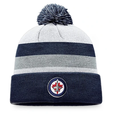 Bonnet en tricot à revers fondamental des Jets de Winnipeg Fanatics pour hommes, bleu marine/gris, avec pompon