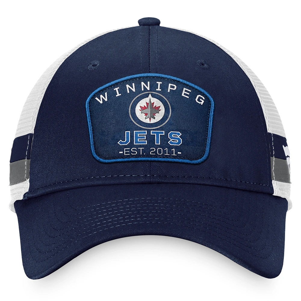 Men's Fanatics Navy/White Winnipeg Jets Fundamental Striped Trucker Adjustable Hat