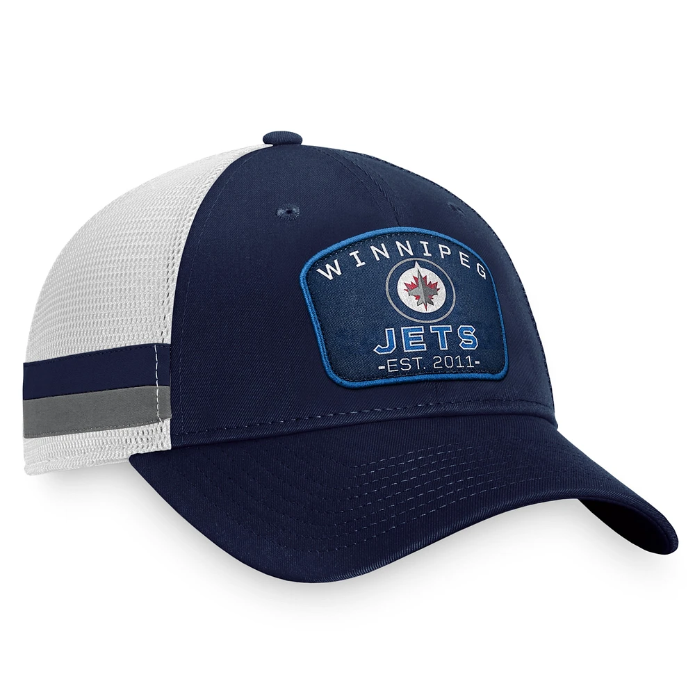 Men's Fanatics Navy/White Winnipeg Jets Fundamental Striped Trucker Adjustable Hat