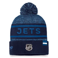 Bonnet en tricot à revers authentique Pro Fanatics Navy Jets de Winnipeg pour hommes avec pompon