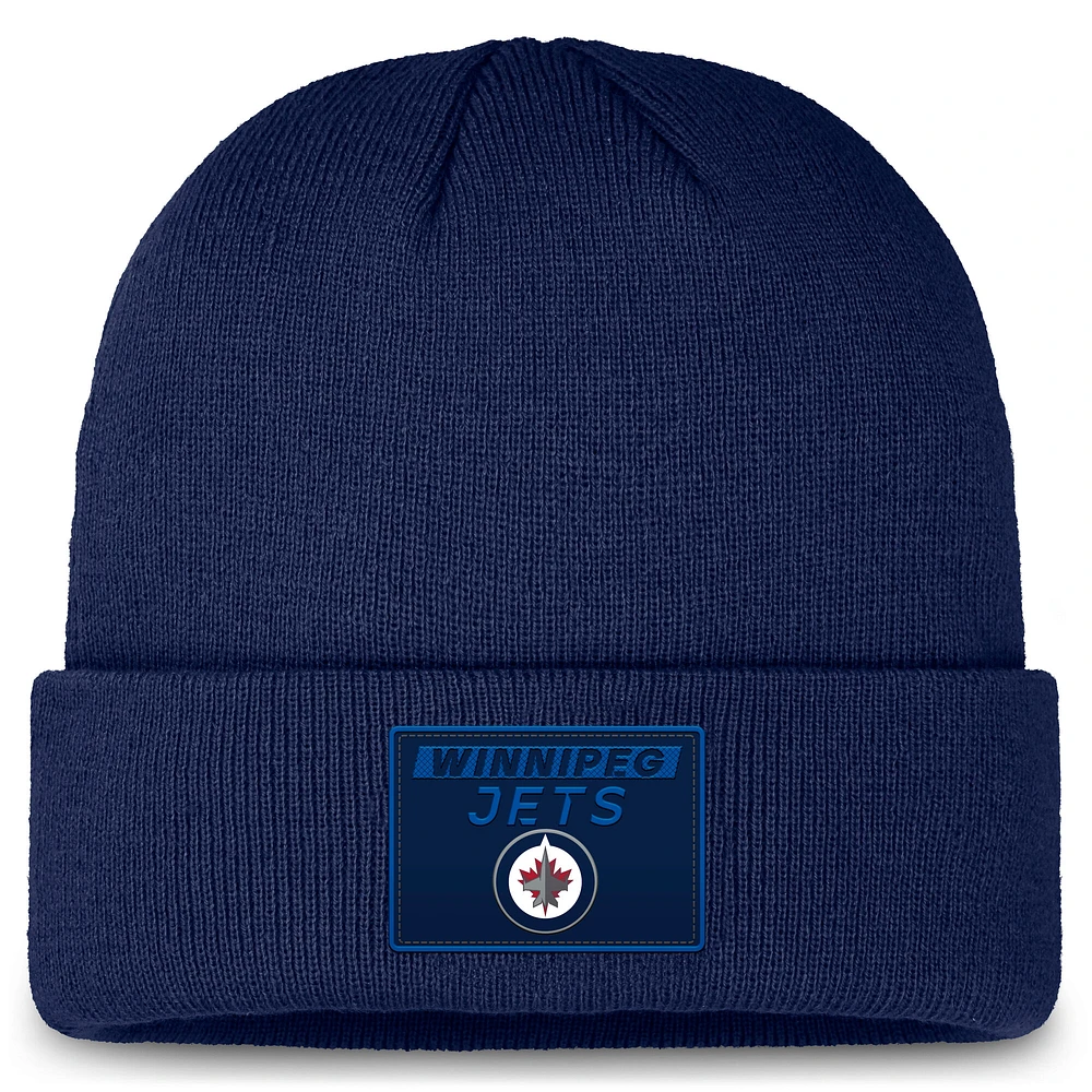 Bonnet en tricot à revers authentique Pro Rink Prime des Jets de Winnipeg Fanatics pour homme, bleu marine