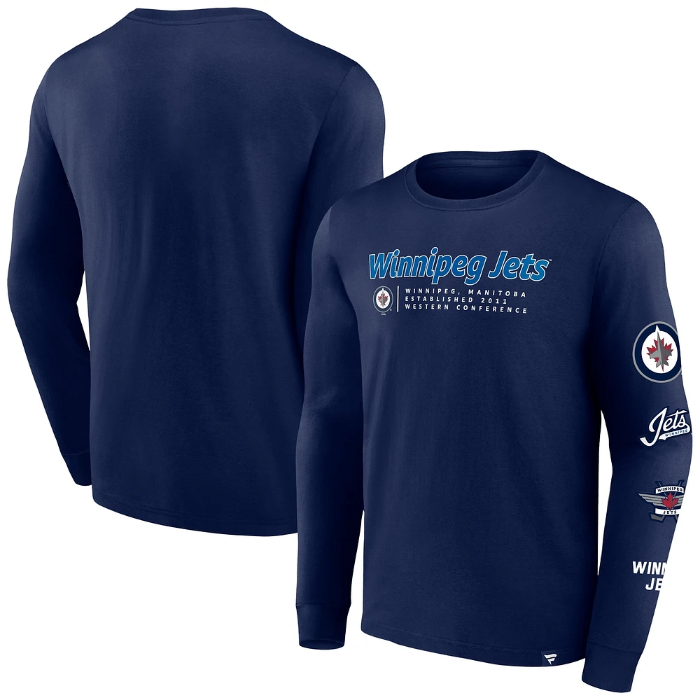 T-shirt à manches longues Fanatics Navy Winnipeg Jets Strike the Goal pour hommes