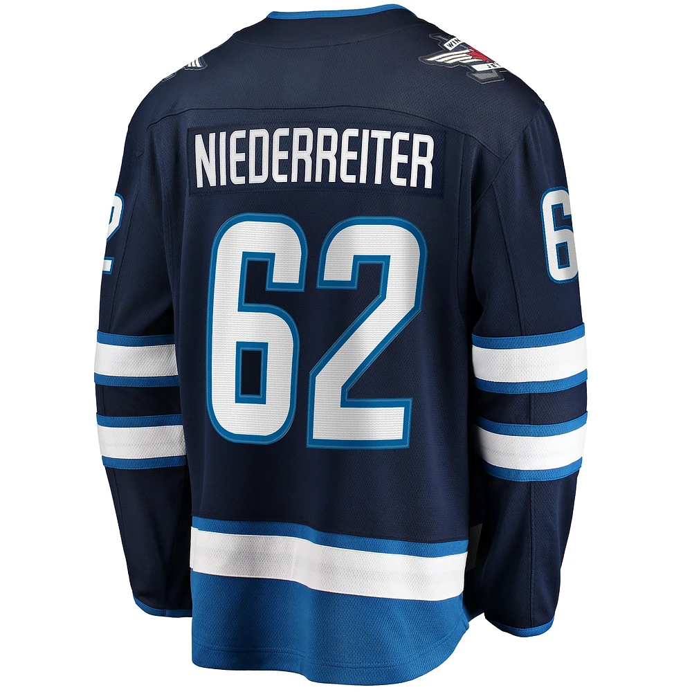 Maillot de joueur échappé Premier Breakaway Fanatics pour hommes Nino Niederreiter, bleu marine, Jets Winnipeg