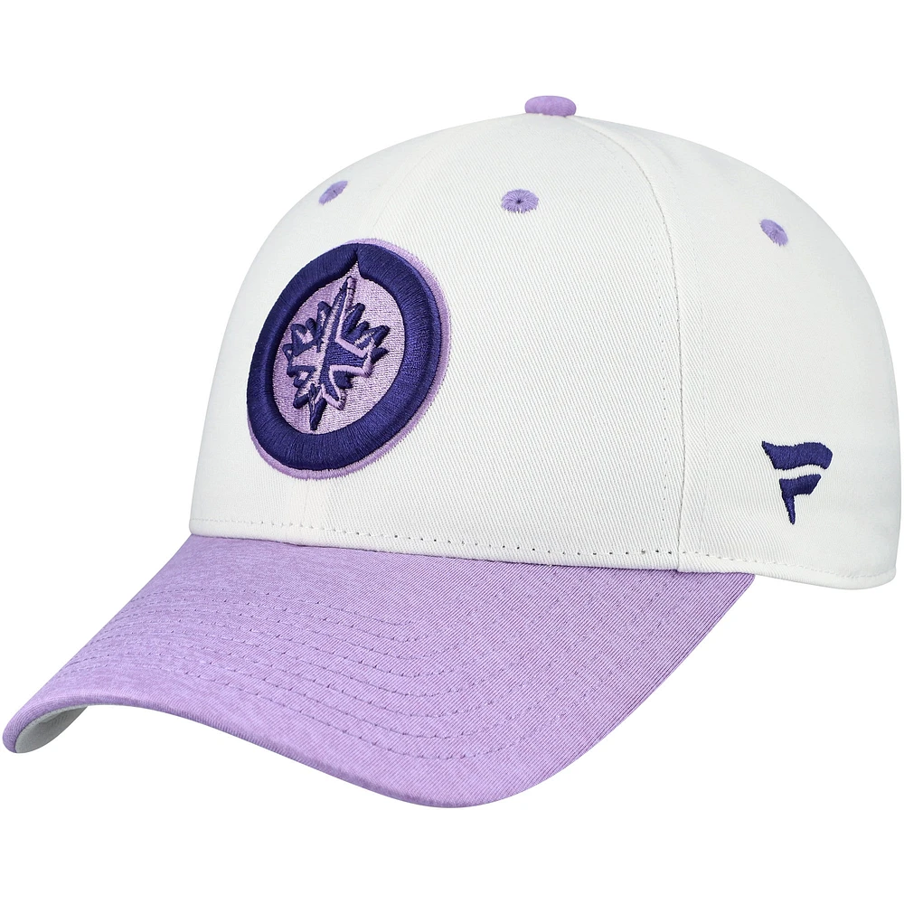 Casquette ajustable authentique Pro Hockey Fights Cancer pour homme, blanche/lavande, des Jets de Winnipeg