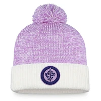 Men's Fanatics White/Purple Winnipeg Jets 2021 Hockey Fights Cancer - Cuffed Knit Hat with Pom