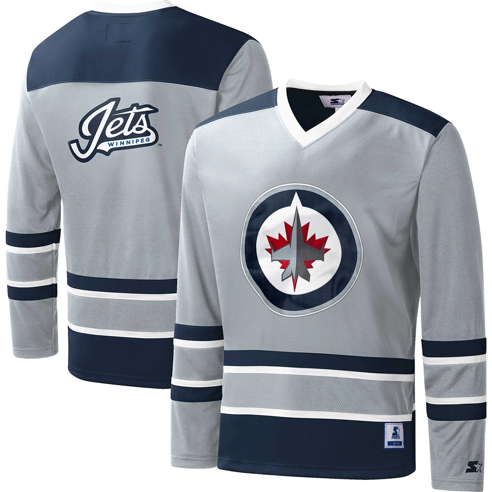 Men's Starter Gray Winnipeg Jets Cross-Check V-Neck - Long Sleeve T-Shirt