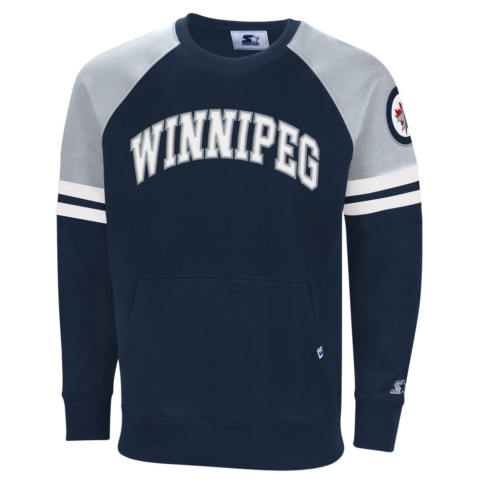 Men's Starter Navy/Gray Winnipeg Jets Field Goal Raglan - Pullover Sweatshirt