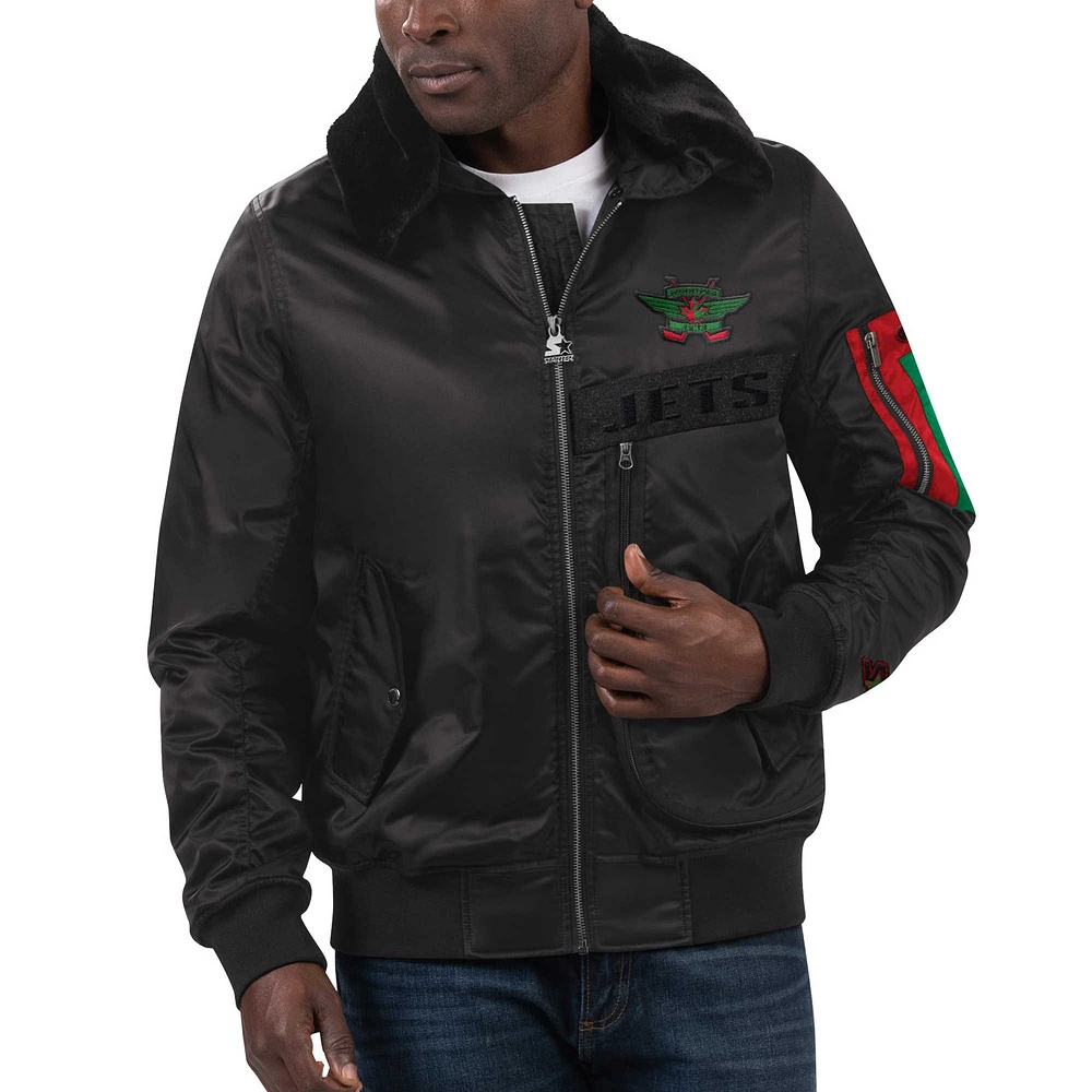 Veste pour homme Starter x Ty Mopkins Noir Mois de l'histoire des Jets Winnipeg Satin - à glissière pleine longueur